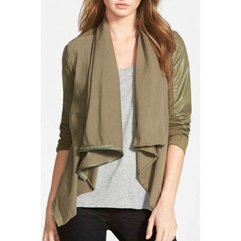 BlankNYC Olive Green Drape‎ Front Faux Leather Moto Jacket S